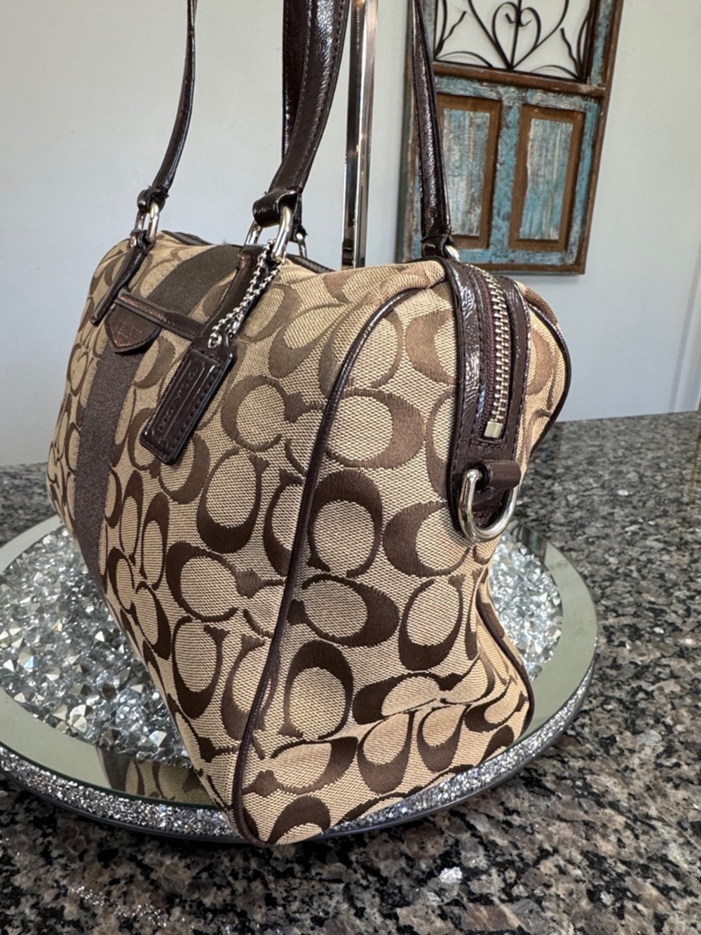 Coach Nancy satchel Signature Canvas Satchel with Dark Brown patent Trim - Picture 3 of 14